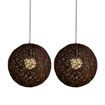 2Х Кофейная люстра из бамбука, ротанга и пеньки с шариками Индивидуальное творчество Сферический абажур из ротанга в виде гнезда