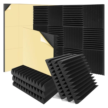 6 Упаковок звукоизоляционных пенопластовых панелей, 2 X 12 X 12 дюймов, самоклеящиеся стеновые панели из пенопласта высокой плотности на клиновидной основе, Звуконепроницаемые стеновые панели