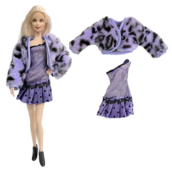 NK 1 Комплект Фиолетовой Одежды Модная Шуба + Платье Повседневная Одежда Одежда Для Кукол Барби Одежда Аксессуары Для Кукол Игрушки Для девочек