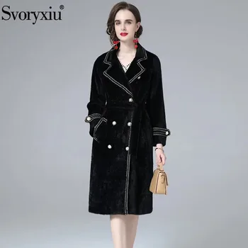 Svoryxiu, модное женское зимнее черное пальто в стиле ретро с длинным рукавом, Однотонные двубортные пояса с лацканами, пальто длиной до колен.
