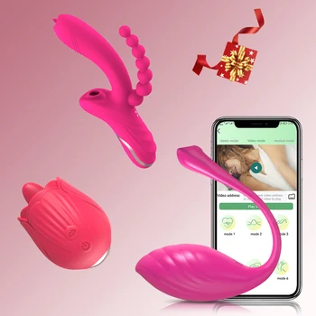 Комбинированная секс-игрушка Вибратор для женщин G Spot Bluetooth APP Вибратор 3 в 1 с присоской для клитора, Фаллоимитатор для лизания языка, игрушки из роз