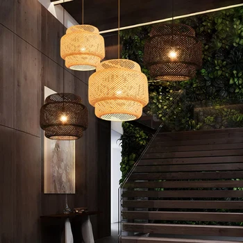 Подвесной светильник Потолочный Ретро Подвесные светильники для кафе Лофт Японский стиль ручной работы Бамбуковый тканый абажур для чайного домика